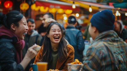 A group of friends laughing and eating street food at a vibrant outdoor market, with the bustling environment and colorful stalls providing a dynamic background. Capture the joy and the casual, candid
