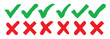 © UniquePackages - Grunge brush stroke checkmarks with tick and cross symbols. Green and re grunge style vector illustration of two checkbox icons on a white background. Hand drawn tick and cross, x mark, yes no buttons