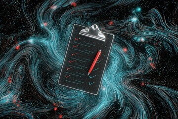 Wall Mural - clipboard with checkmarks and a pen floating among swirling cosmic patterns in a digital environment