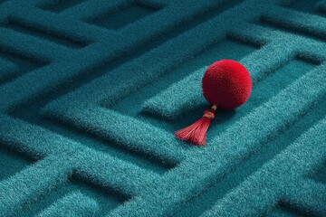 Wall Mural - red spherical object rests on textured teal surface with geometric patterns at midday