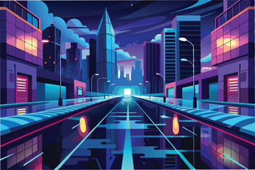 Aufkleber - Colorful vector illustration depicting a vibrant urban cityscape at twilight with glowing buildings and a reflective street surface