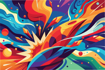 Poster - Colorful abstract vector illustration depicting dynamic movement with bold shapes, swirls, and cosmic elements against a vibrant background