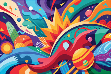 Poster - Colorful abstract vector illustration depicting dynamic movement with bold shapes, swirls, and cosmic elements against a vibrant background