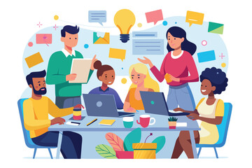 Aufkleber - Group collaboration in a modern office setting with diverse individuals engaged in a creative brainstorming session