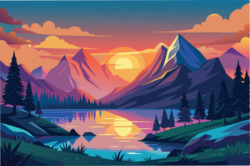 Poster - Vivid sunset over majestic mountains and tranquil lake in a vibrant vector illustration showcasing nature's beauty