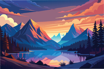 Poster - Serene mountain landscape at sunset with vibrant colors reflected in a tranquil lake surrounded by pine trees