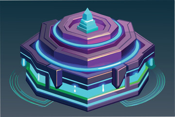 Poster - Modern vector illustration of a futuristic geometric structure with glowing elements and a central pyramid set against a dark background