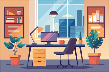 Aufkleber - Bright and modern home office interior with large window, plants, computer, and minimalist furniture