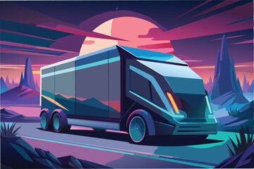 Aufkleber - Futuristic vector illustration of a sleek truck traveling through a vibrant landscape under a glowing sunset