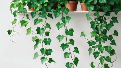 Wall Mural - indoor houseplant with green ivy climbing vine and hanging branch, isolated on white background with
