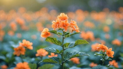 Wall Mural - an orange plant in sharp focus with a flower field background that is out of focus