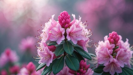 Wall Mural - close-up of stunning evergreen rhododendron blooms in a garden park setting