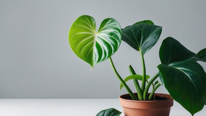 Wall Mural - trending anthurium clarinervium tropical flowering plant showcasing a new leaf in pot on white surfa