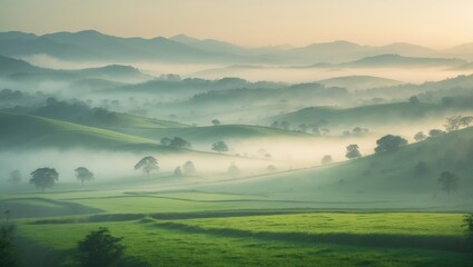 Wall Mural - Gorgeous landscape of dawn light shining on mist, mountains, trees, and green rice paddies in the countryside of Chiang Rai, Northern Thailand.