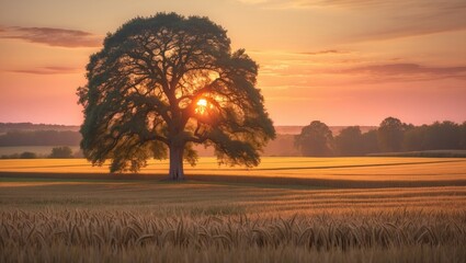 Wall Mural - Rural sunset scene featuring a tree and golden wheat