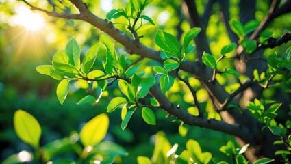 Wall Mural - detailed shot of the tree branches and lively green leaves