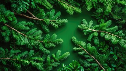 Wall Mural - close-up of vibrant green foliage and tree twigs on a green surface.