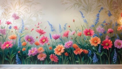 Wall Mural - a wall adorned with wildflowers in bright detail. modern aesthetic with a floral backdrop. ideal for