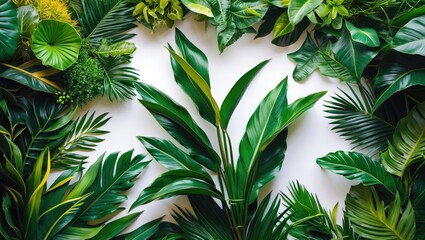 Wall Mural - overhead view of tropical foliage and palm leaves set on a white background