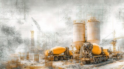 Double Exposure of Construction Site with Blueprint Overlay Design