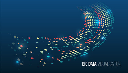 Poster - Digital data analysis, information technology and modern methods of information processing. Abstract visualization of big data in the form of a wave-like flow of colored dots on a dark blue background