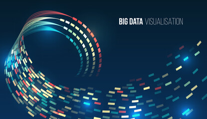 Poster - Abstract visualization of big data in the form of a wave-like flow of colored dots on a dark blue background. Digital data analysis, information technology and modern methods of information processing