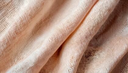Fototapete - close-up of soft peach beige woven fabric texture with gentle folds and natural fibers for textile background, web design element, minimalist print media, or branding surface mockup

