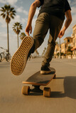 Low-angle shot of a person skateboarding on a paved path with palm trees