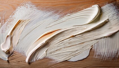 Poster - cream brushstroke texture on rich wood grain background for abstract branding, web design, cosmetic ad, or luxury packaging visual with smooth layered paint and high-detail surface

