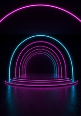 Wall Mural - neon arch stage design - modern, vibrant, empty stage with pink and blue neon lights. symbolizes: fu