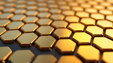 Abstract Golden Hexagon Pattern: Detailed Background with Reflections for Futuristic Design or Technology Presentation.