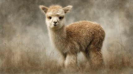 Canvas Print -   A baby alpaca with a grungy expression amidst towering grass