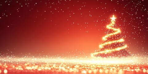 Wall Mural - sparkling christmas tree with golden lights on a red glitter background, holiday greeting card