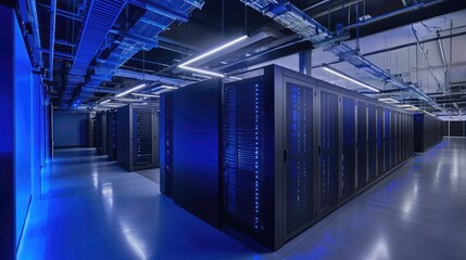 Poster - Sleek modern data center with rows of black server cabinets and structured cable trays under bright overhead lights, representing advanced IT infrastructure and cloud networking