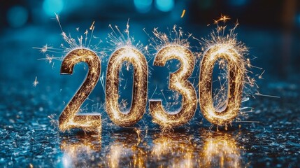 Wall Mural - sparkling 2030 new year celebration with golden fireworks display on a blue background