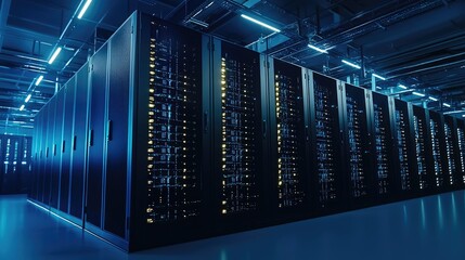 Poster - Modern large data center interior with rows of illuminated server cabinets under a high-tech ceiling, ideal for cloud infrastructure, enterprise computing, and cybersecurity visuals