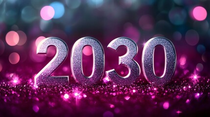 Wall Mural - 2030 silver glitter numerals on sparkling pink and purple background for new year celebration