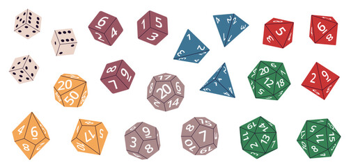 Rpg game dices. Multifaceted color figures, board game plastic requisite, playing elements with numbers, various roles, polyhedron different shapes, nowaday vector isolated set