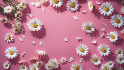 Wall Mural - bird's eye view of floral arrangements on a pink surface. minimalistic flat lay design.