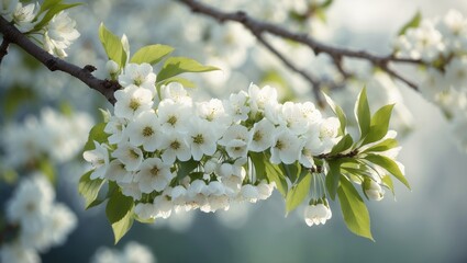 Wall Mural - stunning white cherry tree blooms emerging on branches adorned with green leaves