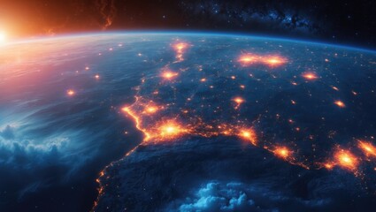 Wall Mural - stunning azure planet showcasing a beautiful orange sunset from a cosmic perspective.