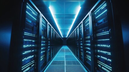 Poster - Symmetrical glowing blue data center aisle with high-density server racks, ideal for AI computing, digital infrastructure, cloud architecture, and cybersecurity visualization