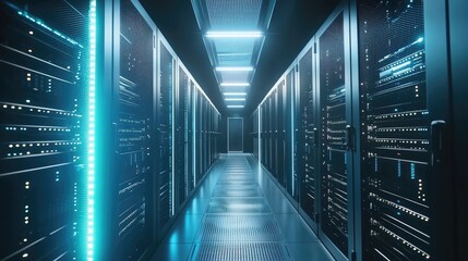 Poster - Bright corridor in a modern data center with glowing blue server racks and ceiling lights, ideal for illustrating cloud computing, AI infrastructure, and secure digital systems