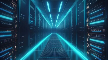 Poster - High-tech data center corridor with glowing cyan lights and reflective flooring, perfect for illustrating cloud infrastructure, AI systems, server hosting, and digital security themes
