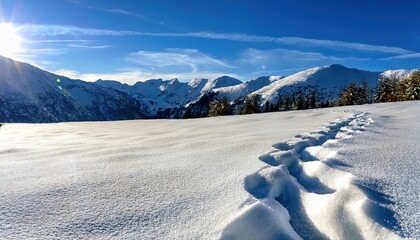 Poster - pristine snow trail winding through sunlit alpine landscape under deep blue sky with distant mountains for winter web design, travel poster, print decor, or seasonal branding

