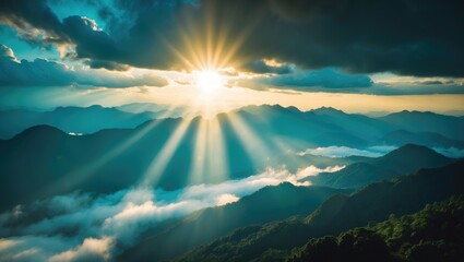 Wall Mural - Vivid sunlight streaming through cloud openings onto a shadowy mountain range before dusk in a rainforest region