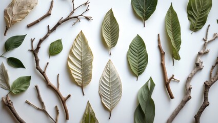 Wall Mural - array of branch and leaf pictures against a white background