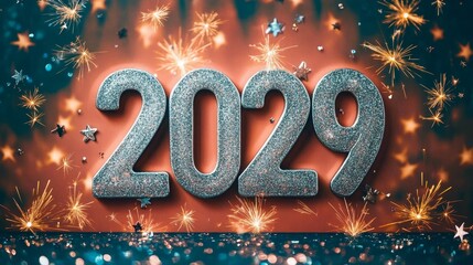 Wall Mural - sparkling 2029 silver numbers on coral background with fireworks and stars celebration