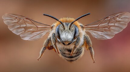 Wall Mural -  Close-up of bee's face with wings extended and open eyes; blurry background