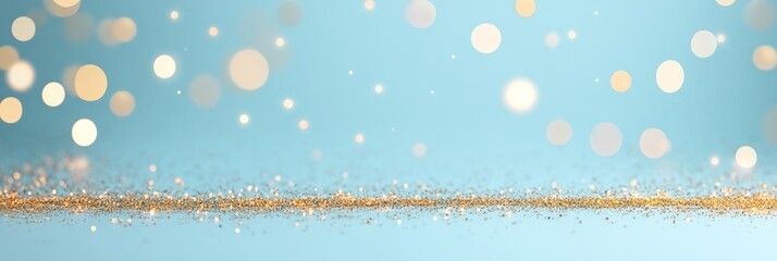 Wall Mural - golden glitter sparkles on light blue background, festive abstract holiday backdrop banner design